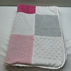 Just Born Baby Security Blanket Lovey Hearts Patchwork Sherpa Pink Gray White